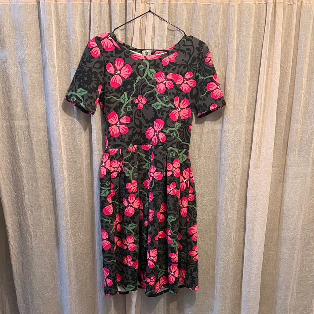 LuLaRoe Midi Dress - Black Background with Pink Floral and Green Vines